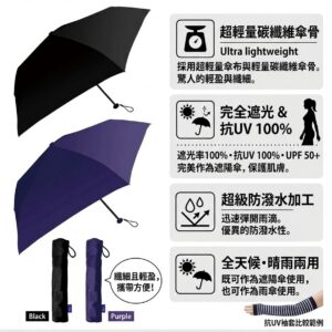 [現貨] 60cm大傘面！超輕量碳纖維晴雨兩用傘｜抗UV 100% 遮光、極致防潑水｜五色可選 輕便好收納